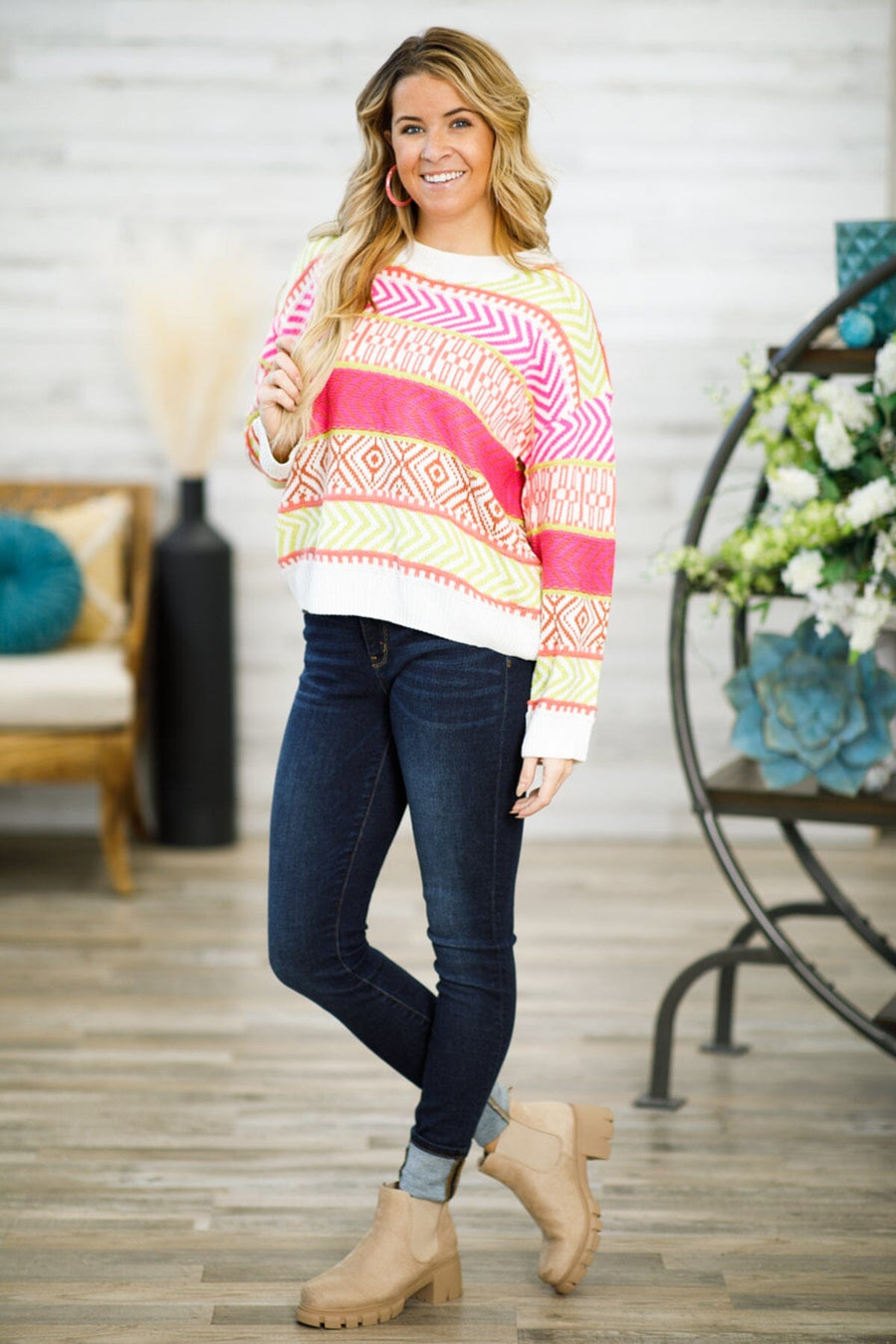 Neon Pink and Green Aztec Sweater - Filly Flair