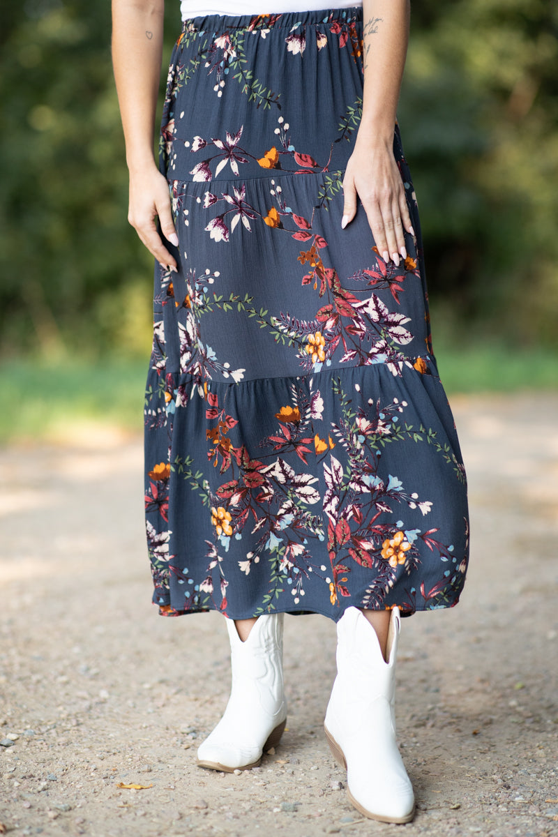 Slate Blue Multicolor Floral Print Maxi Skirt - Filly Flair