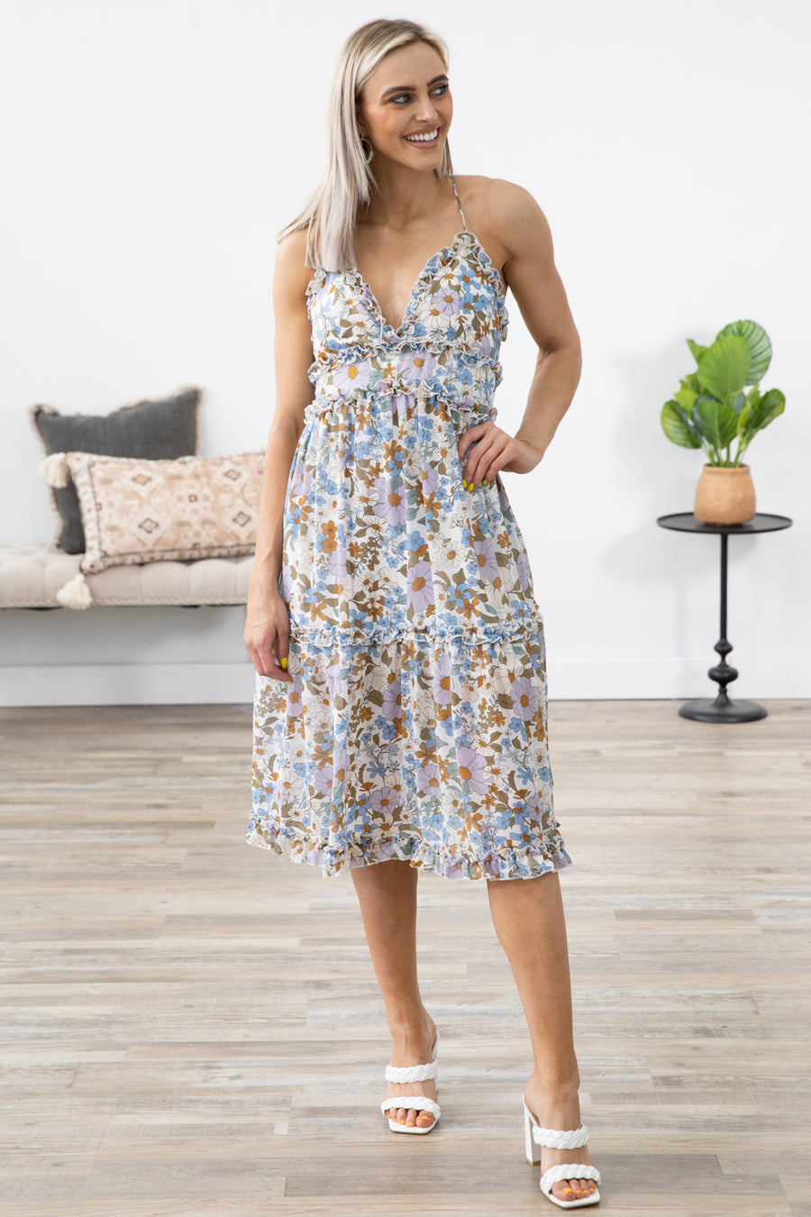 Off White Multicolor Floral Ruffle Trim Dress - Filly Flair