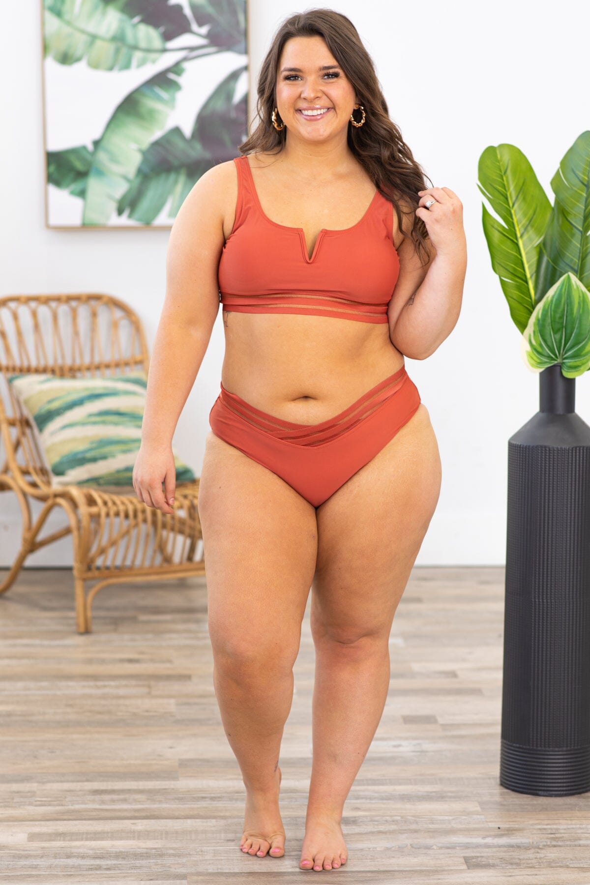 Burnt Orange Notch Neck Two Piece Swimsuit - Filly Flair