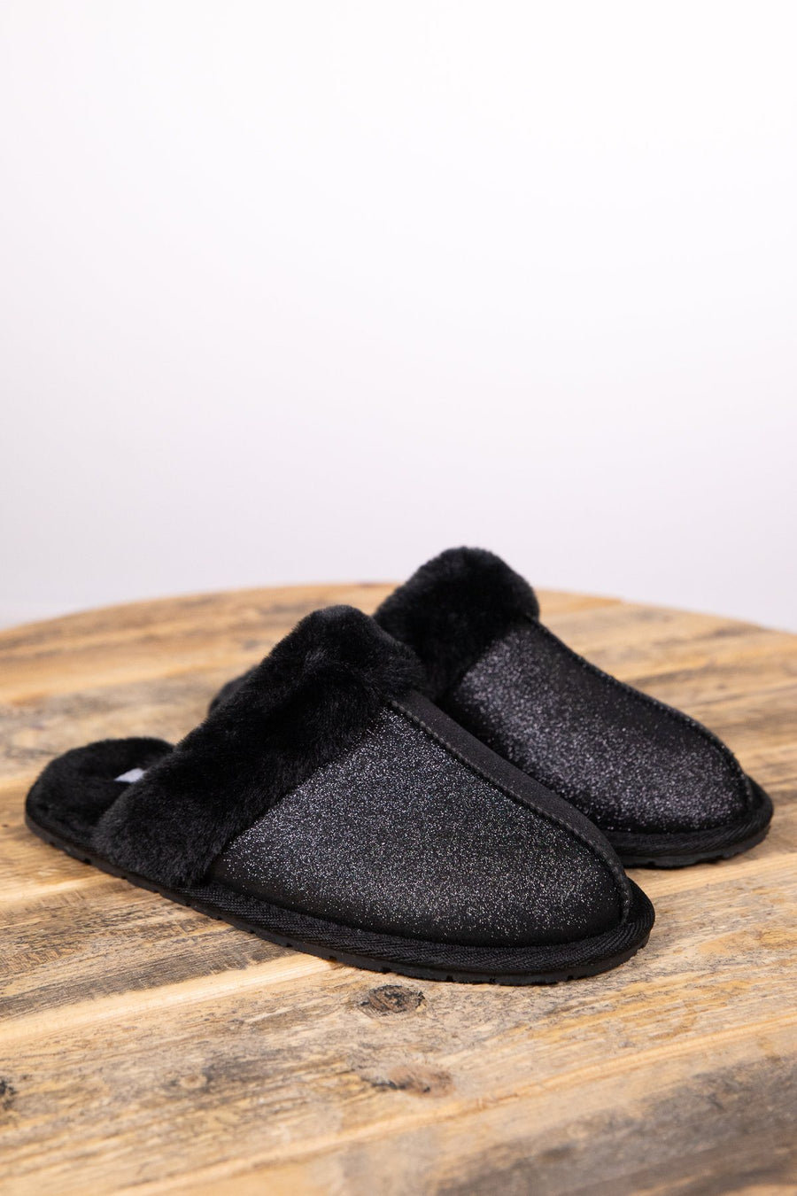 Black Shimmer Faux Fur Trim Slippers - Filly Flair