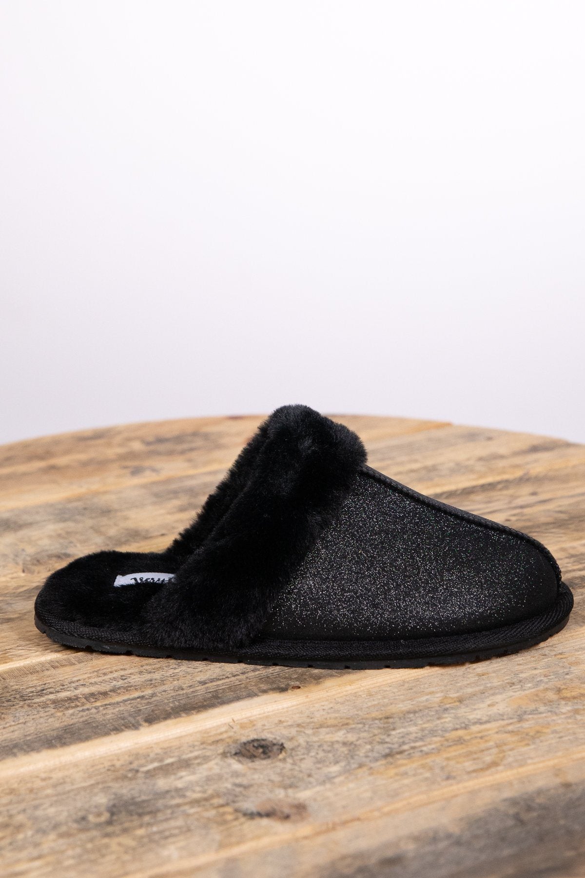 Black Shimmer Faux Fur Trim Slippers - Filly Flair