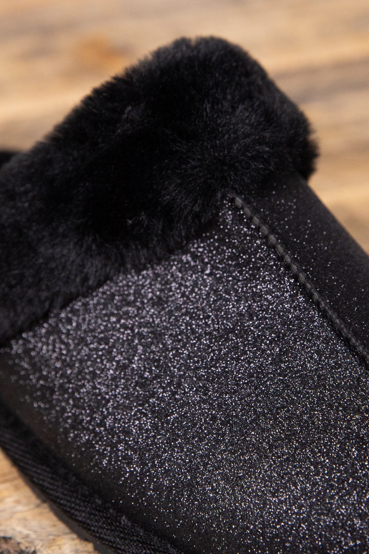 Black Shimmer Faux Fur Trim Slippers - Filly Flair