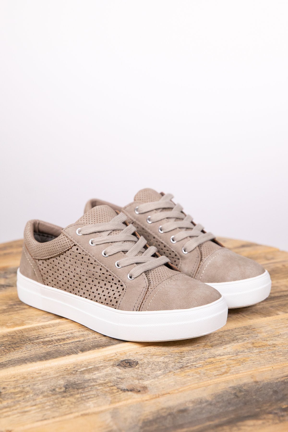 Taupe Faux Suede Perforated Detail Sneakers - Filly Flair