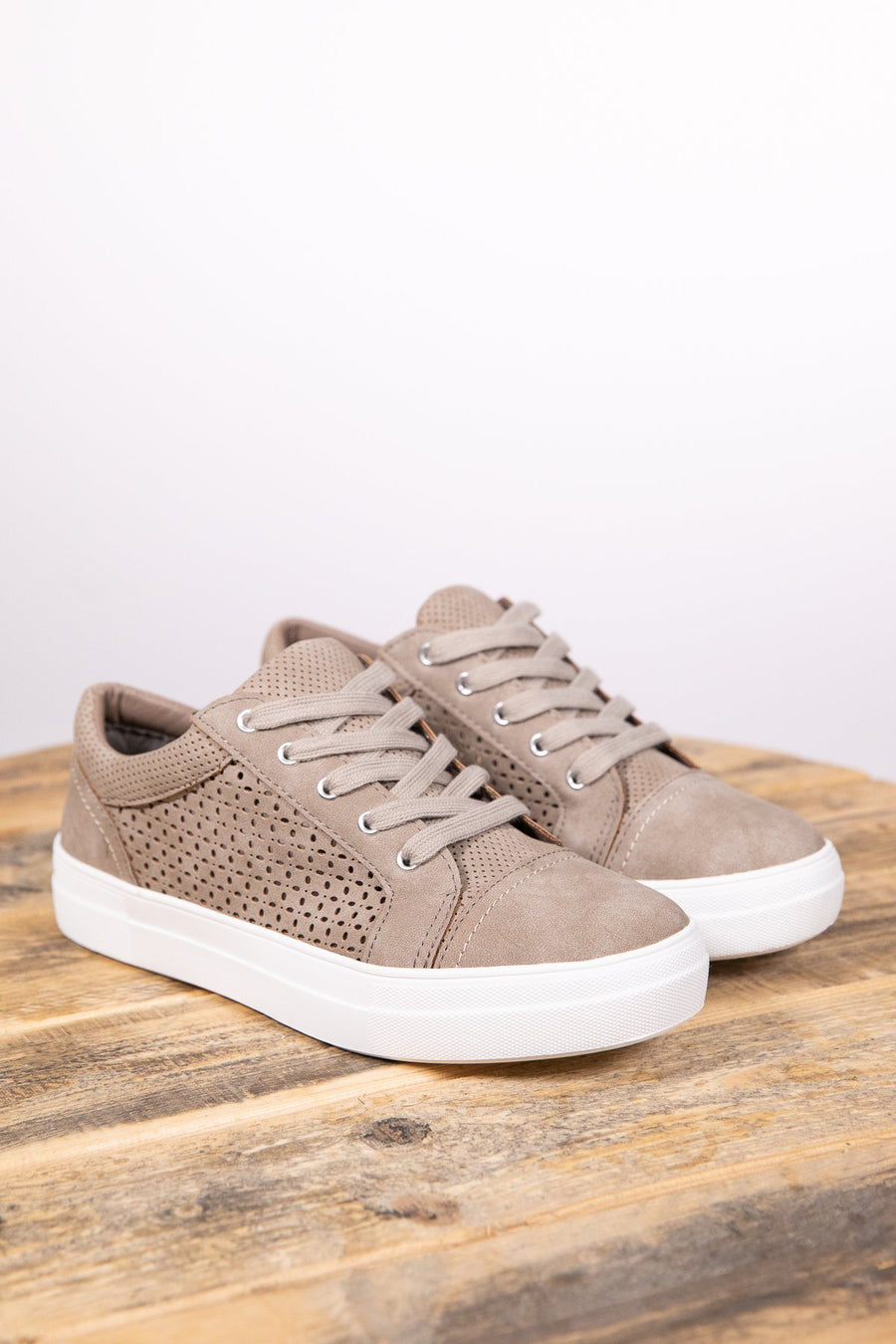 Taupe Faux Suede Perforated Detail Sneakers - Filly Flair