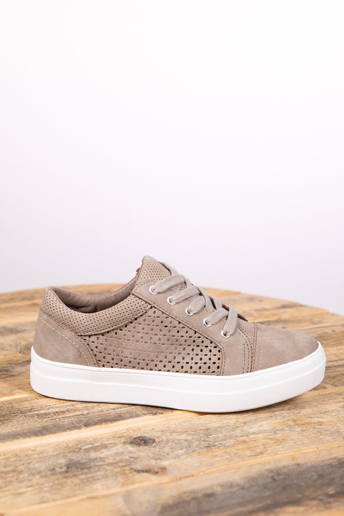 Taupe Faux Suede Perforated Detail Sneakers - Filly Flair