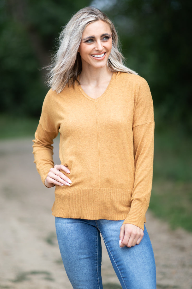 Mustard Hooded V-Neck Sweater - Filly Flair