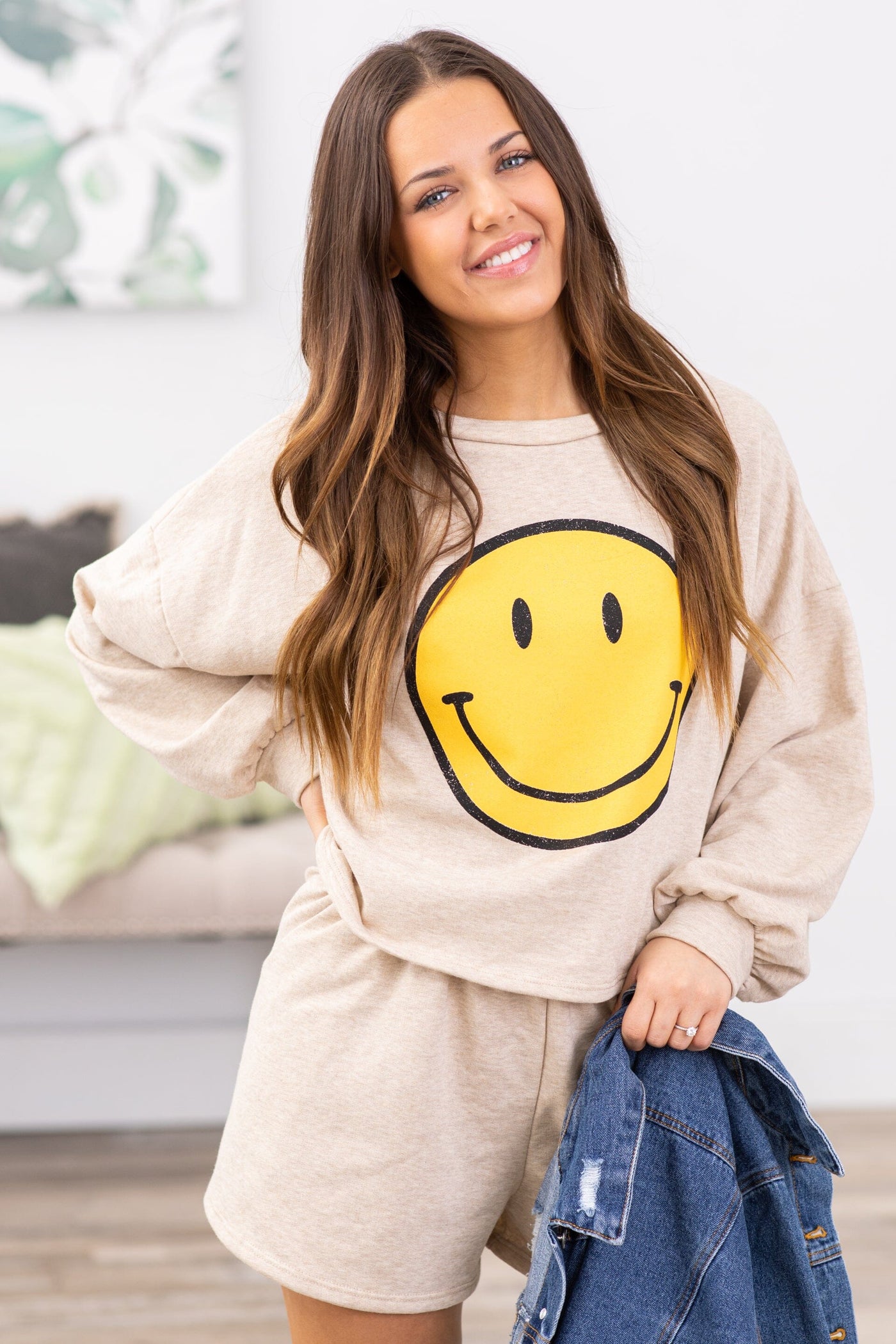 Beige Smiley Face Sweatshirt and Shorts Set - Filly Flair