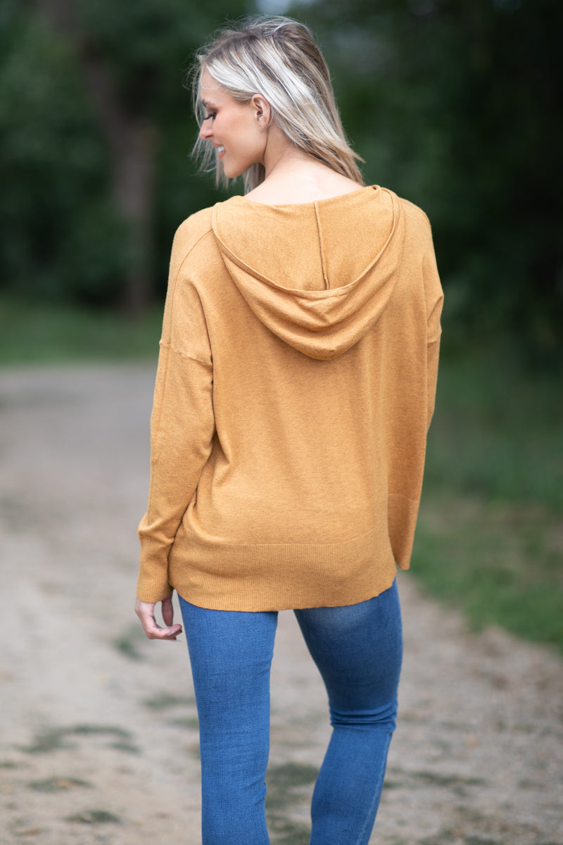 Mustard Hooded V-Neck Sweater - Filly Flair