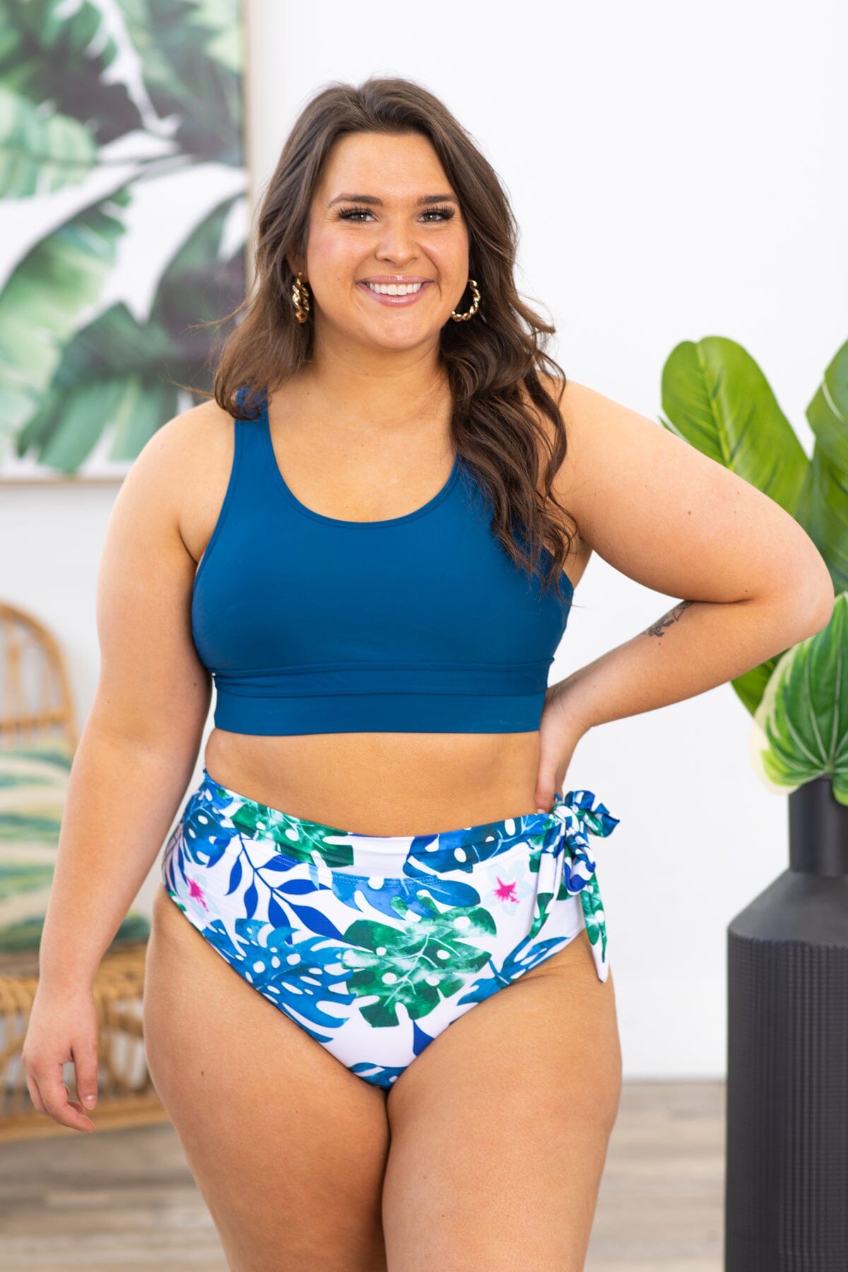 Slate Blue Palm Print Two Piece Swimsuit - Filly Flair