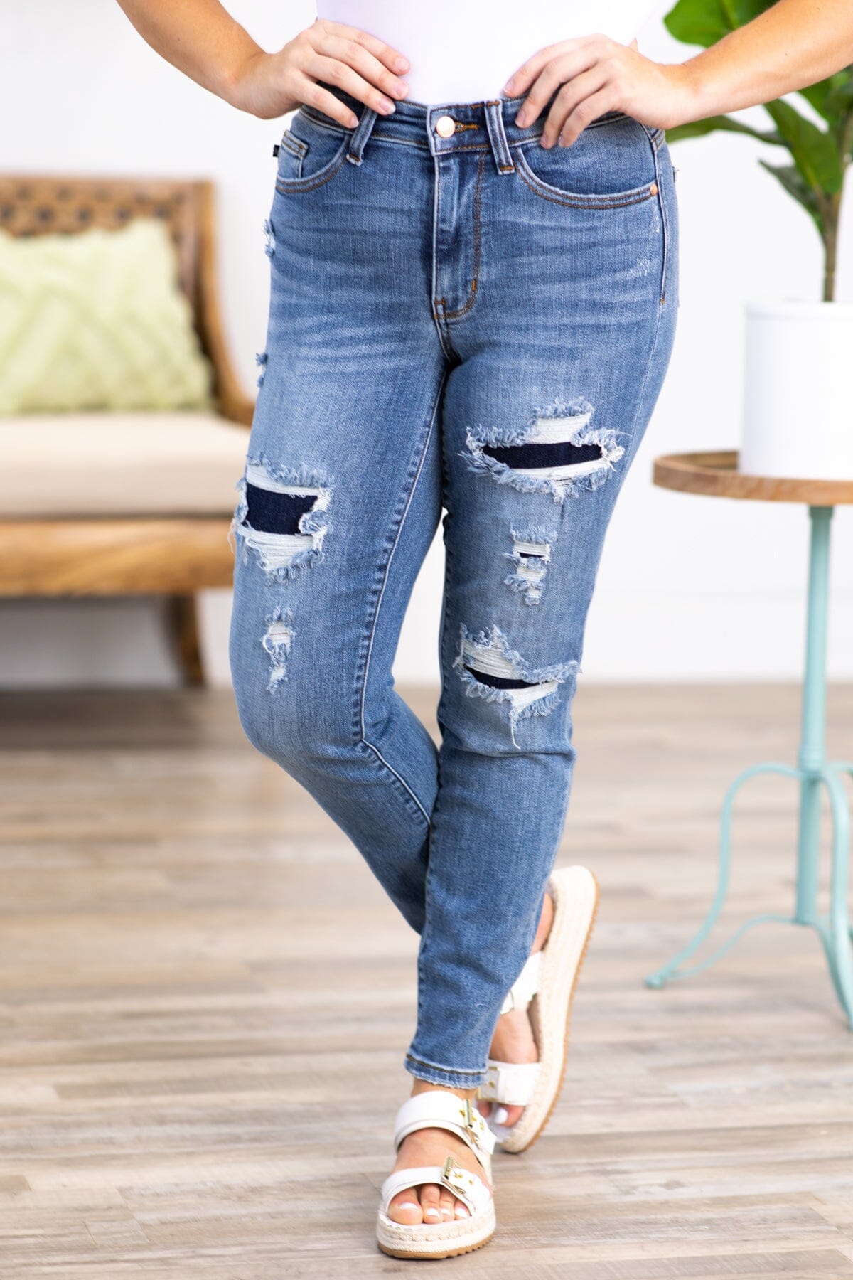 Judy Blue Navy Patch Distressed Jeans · Filly Flair