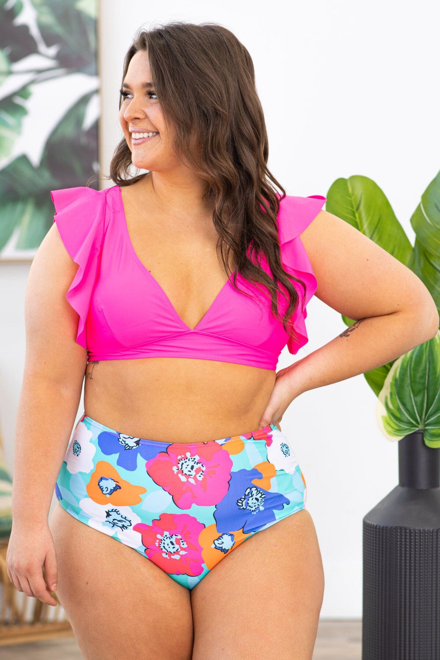 Hot Pink Floral Bottom Two Piece Swimsuit - Filly Flair