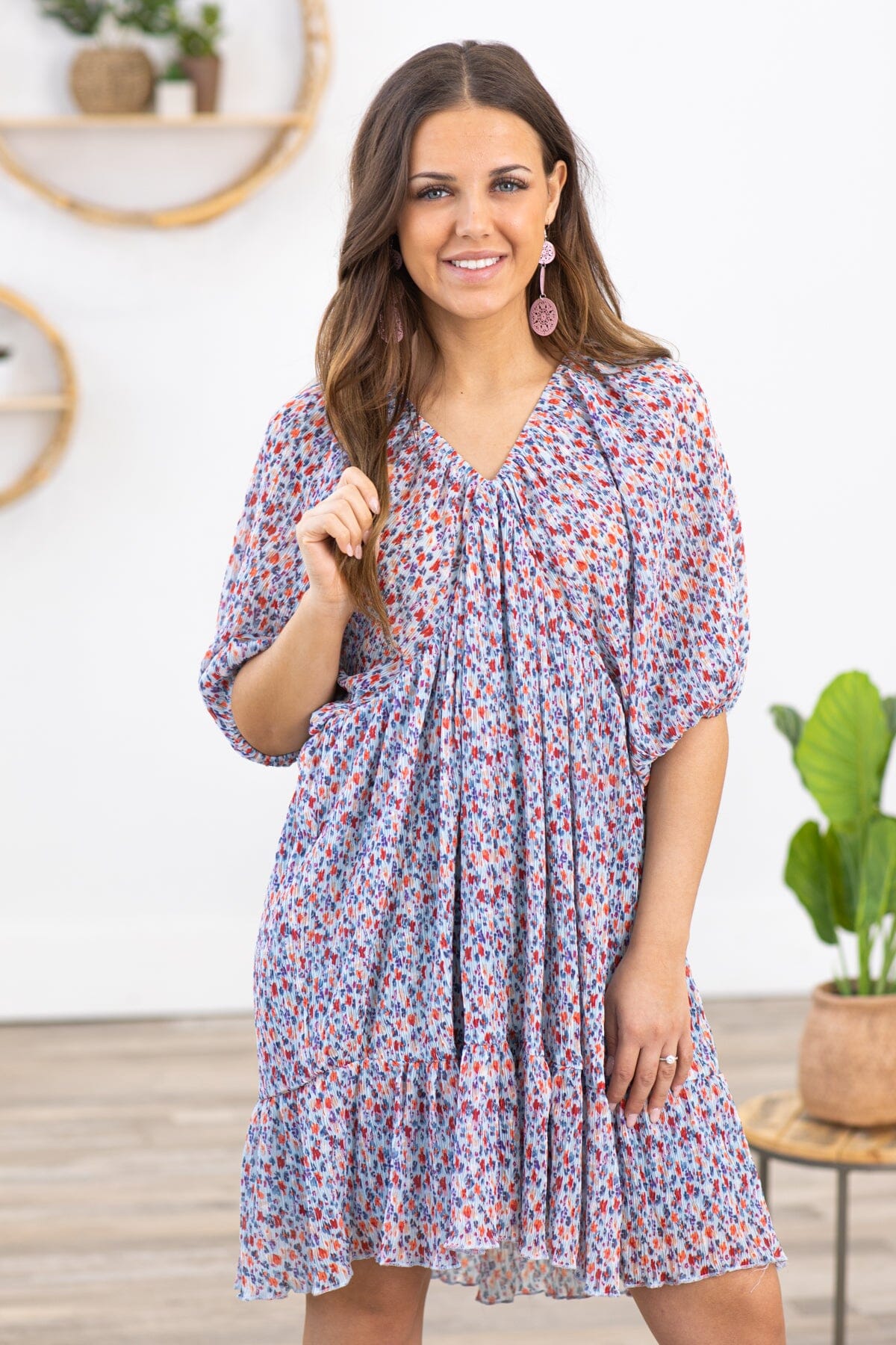 Pastel Blue and Red Floral Print V-Neck Dress · Filly Flair Pastel Blue and Red Floral Print V-Neck Dress · Filly Flair