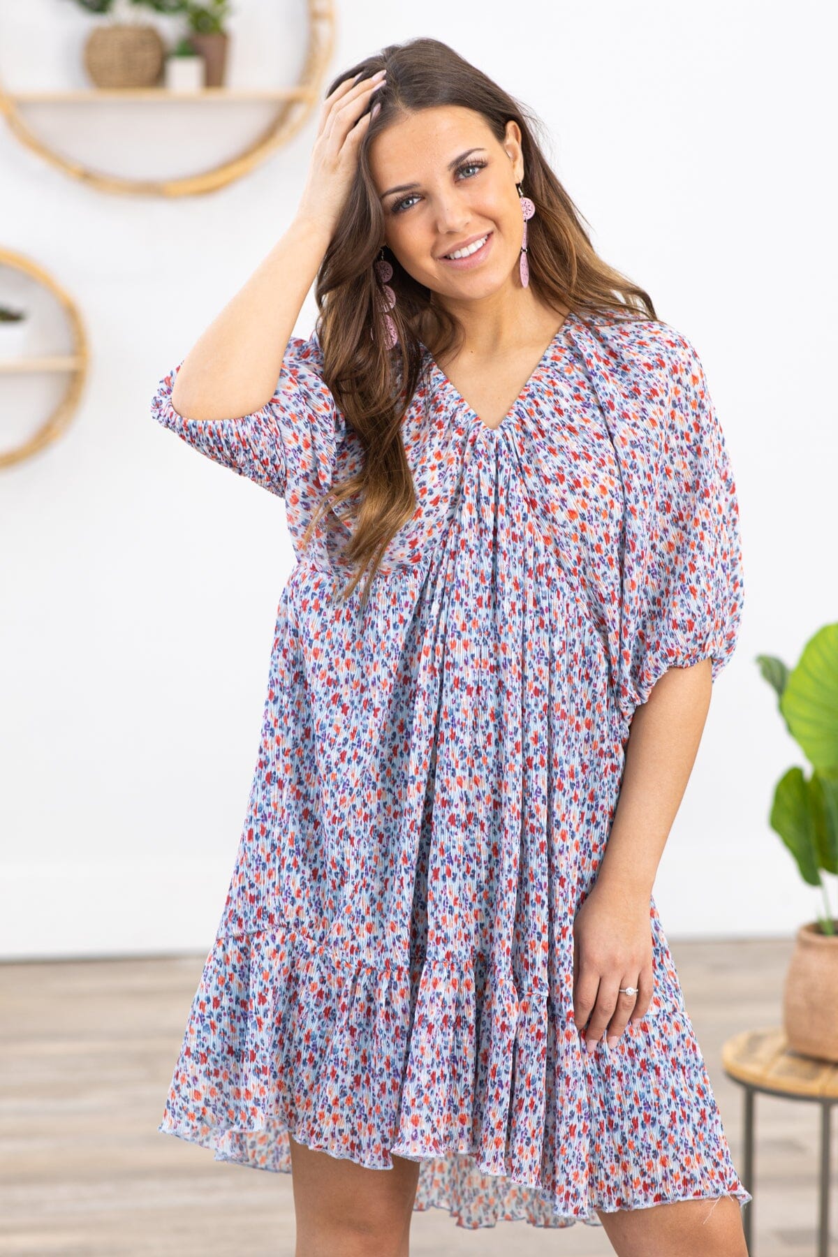 Pastel Blue and Red Floral Print V-Neck Dress Filly Flair Pastel Blue and Red Floral Print V-Neck Dress Filly Flair