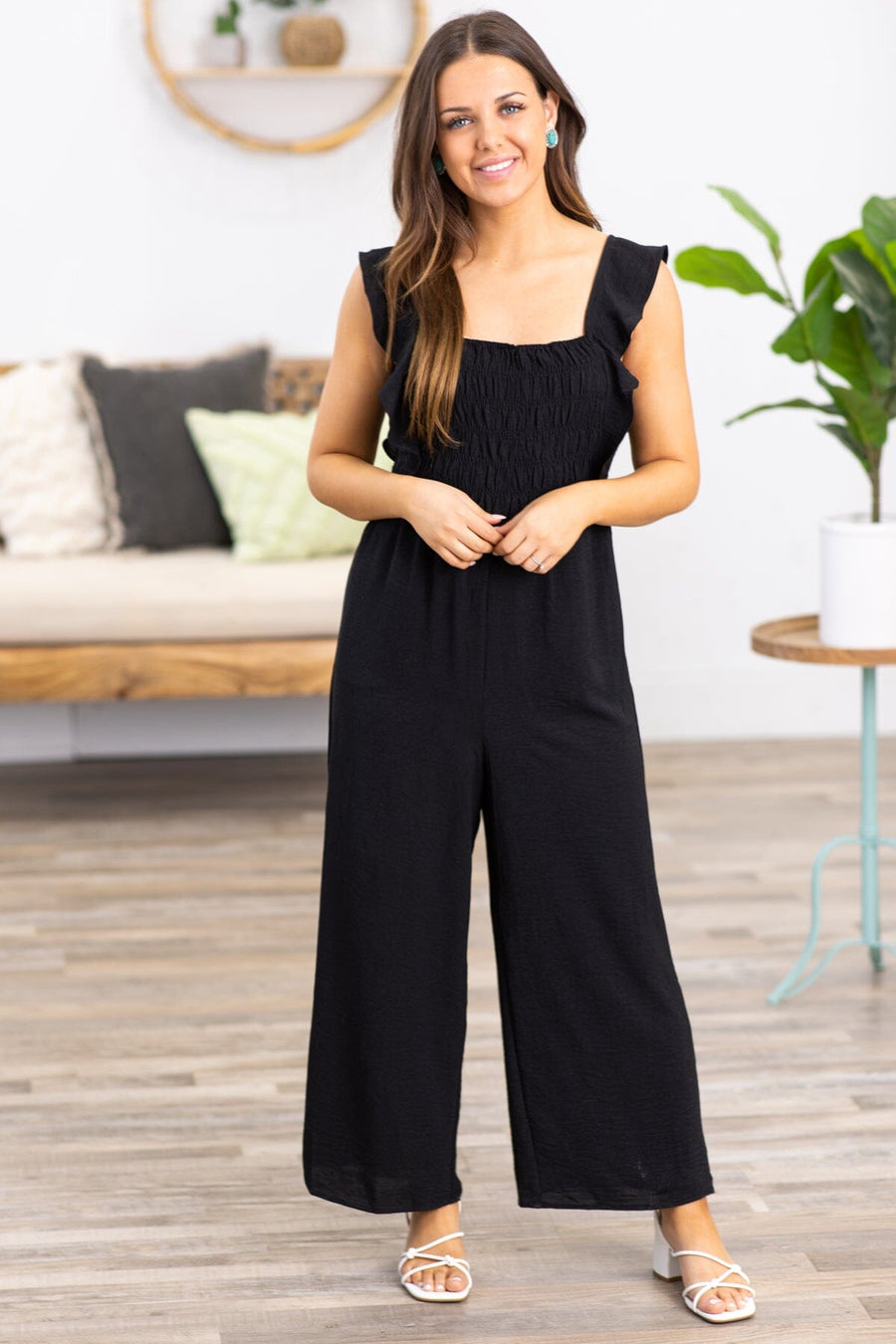 Black Smocked Bodice Ruffle Strap Jumpsuit - Filly Flair