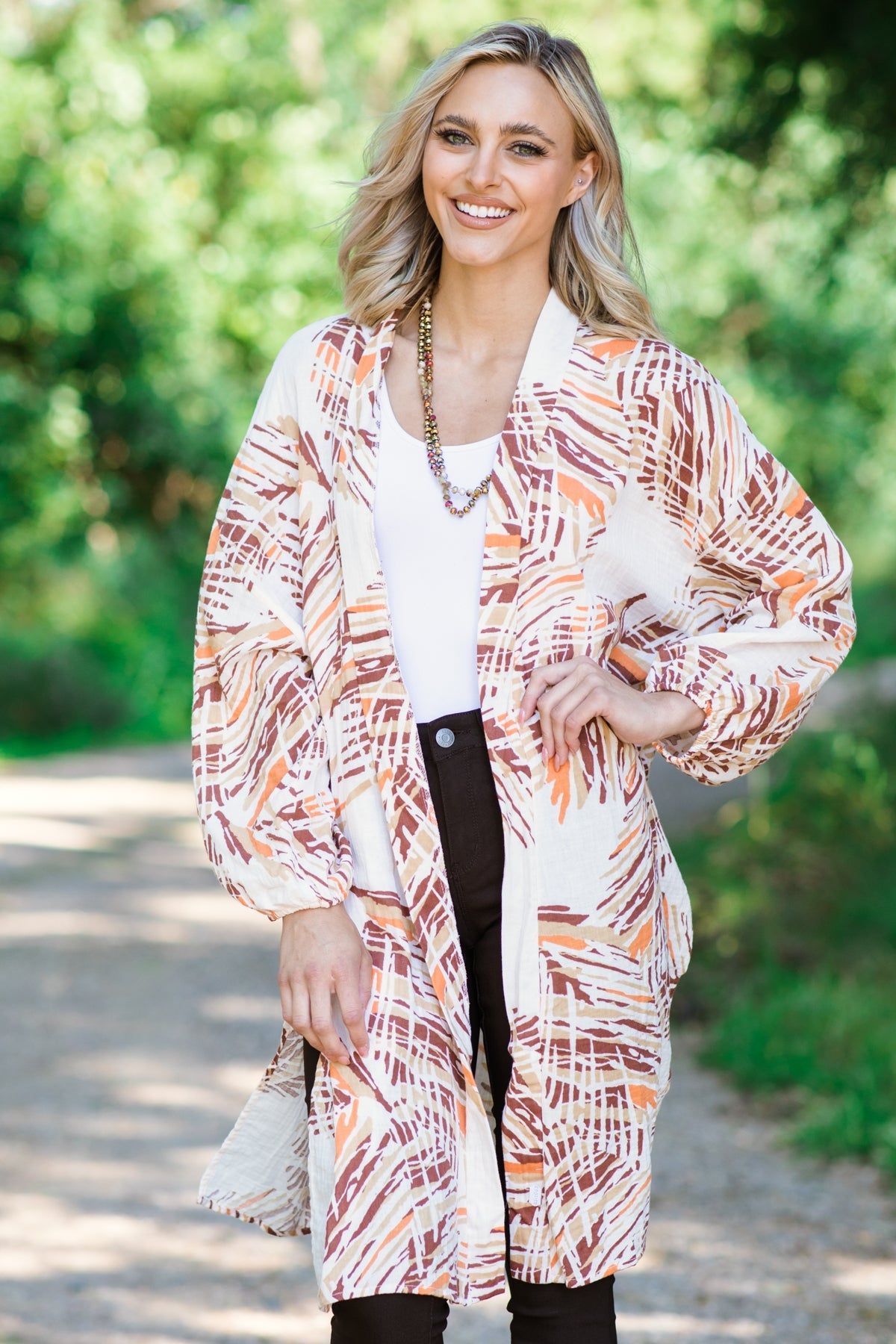 Ivory and Brown Palm Print Mid Length Cardigan - Filly Flair