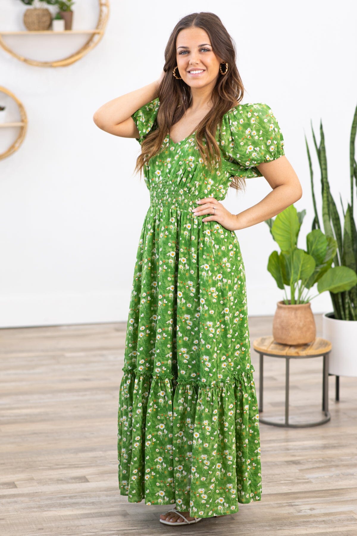Green Multicolor Floral Puff Sleeve Maxi Dress - Filly Flair