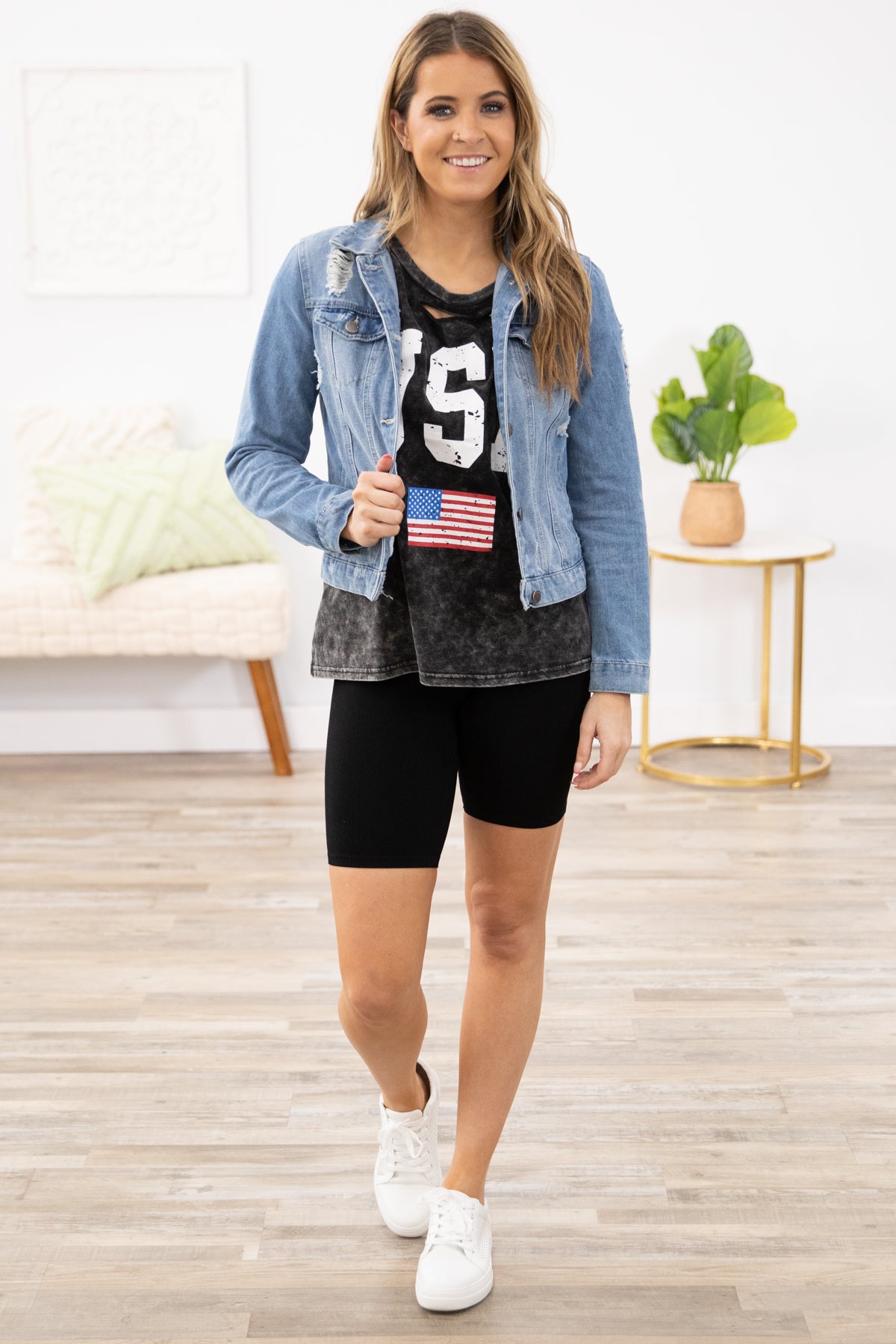 Black Washed USA Graphic Tee with Cutout - Filly Flair