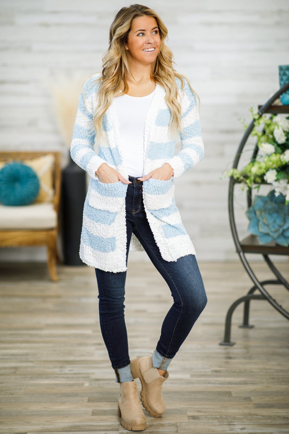 Sky Blue and White Stripe Popcorn Cardigan - Filly Flair