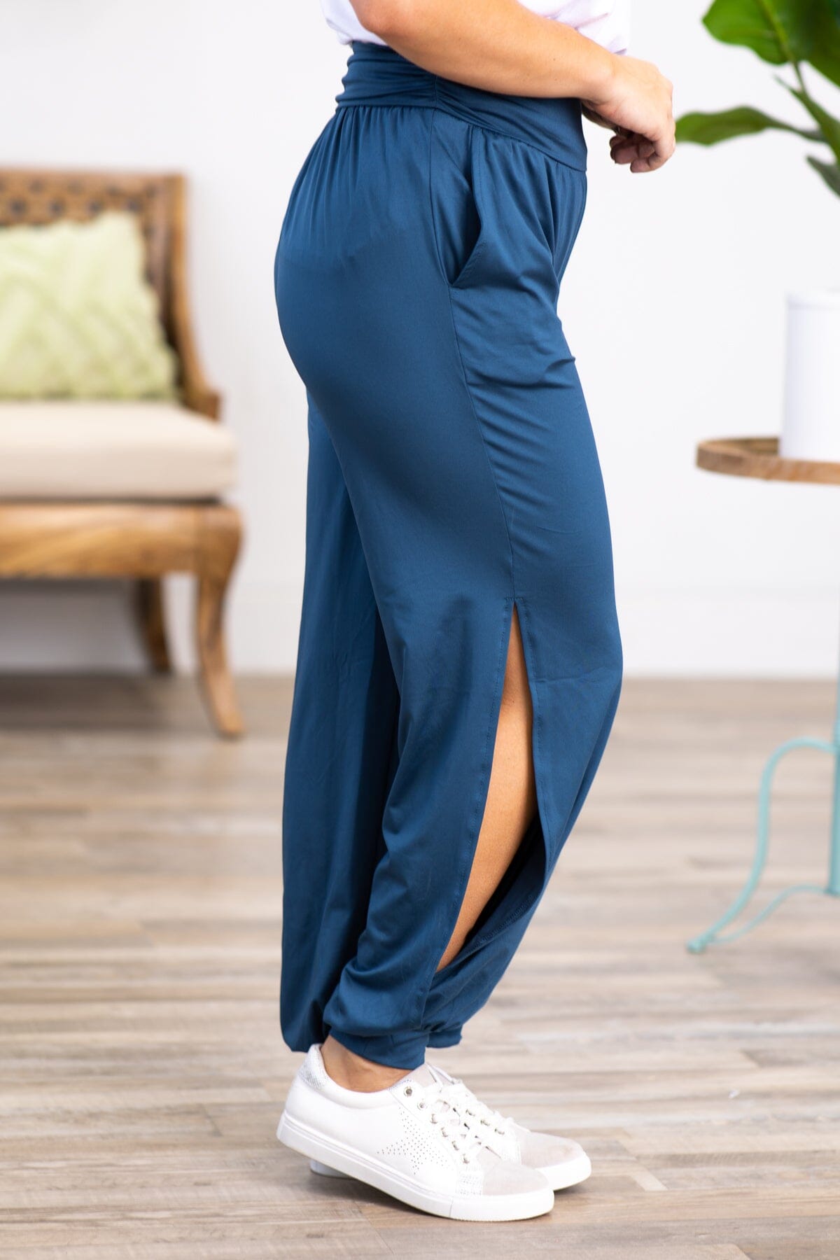 Dark Teal Ruched Waist Joggers With Side Slits - Filly Flair