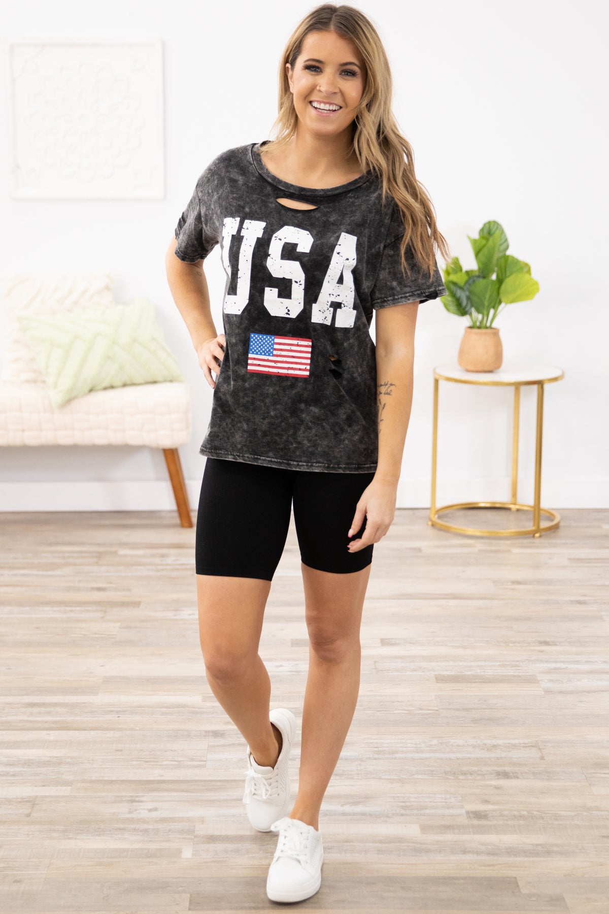 Black Washed USA Graphic Tee with Cutout - Filly Flair