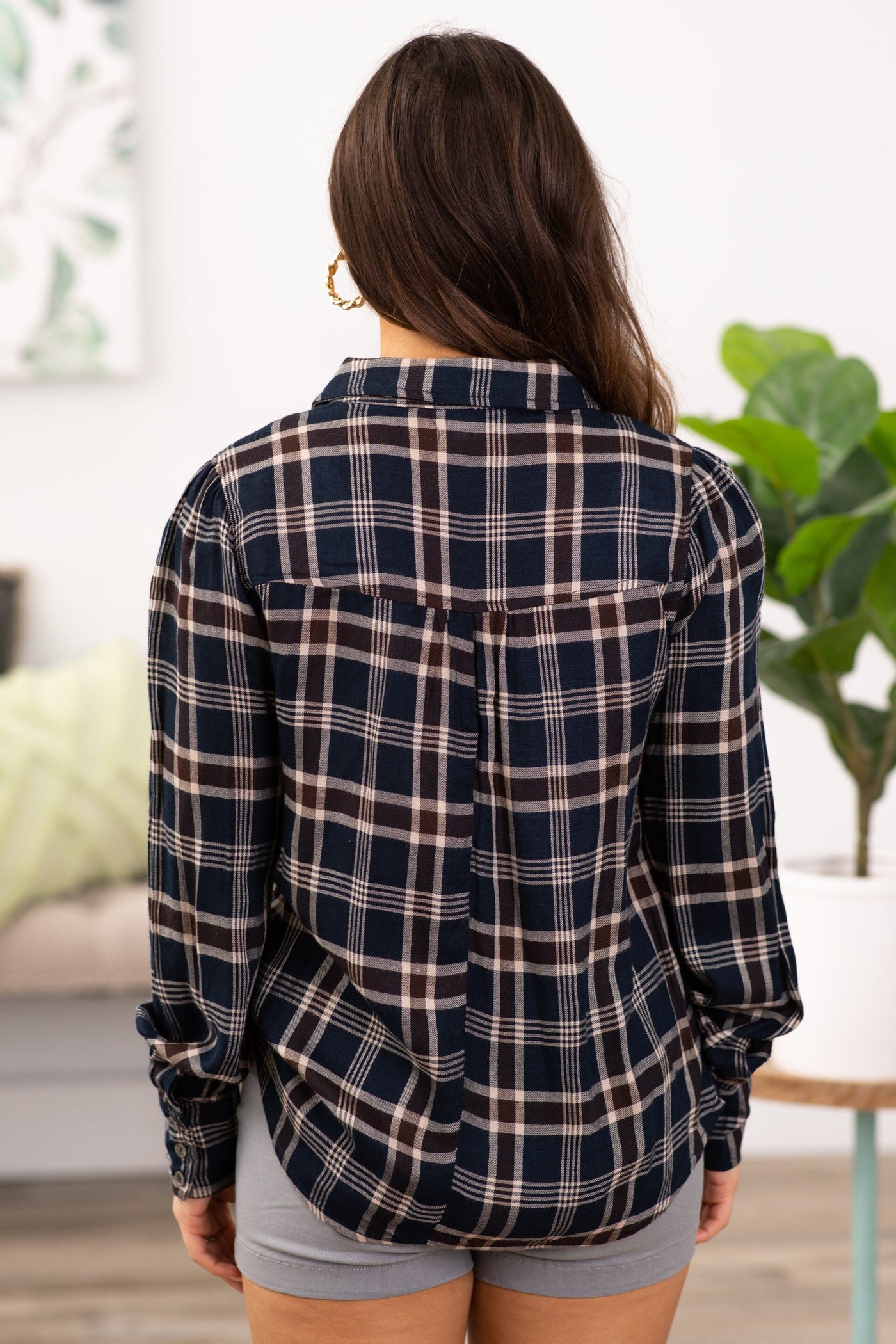 Navy Plaid Button Up Top - Filly Flair