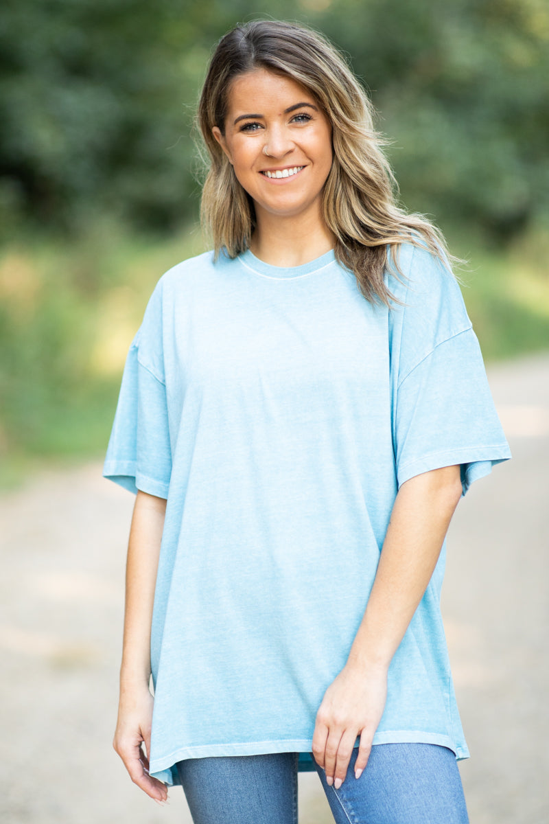 Blue Drop Shoulder Round Neck Top - Filly Flair