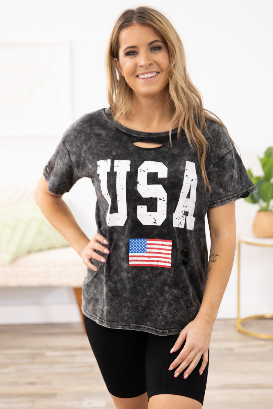 Black Washed USA Graphic Tee with Cutout - Filly Flair