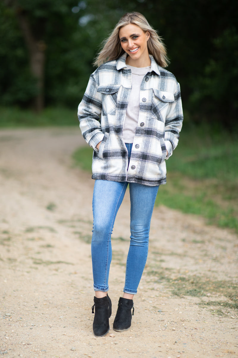 Black and Ivory Plaid Sherpa Lined Shacket - Filly Flair
