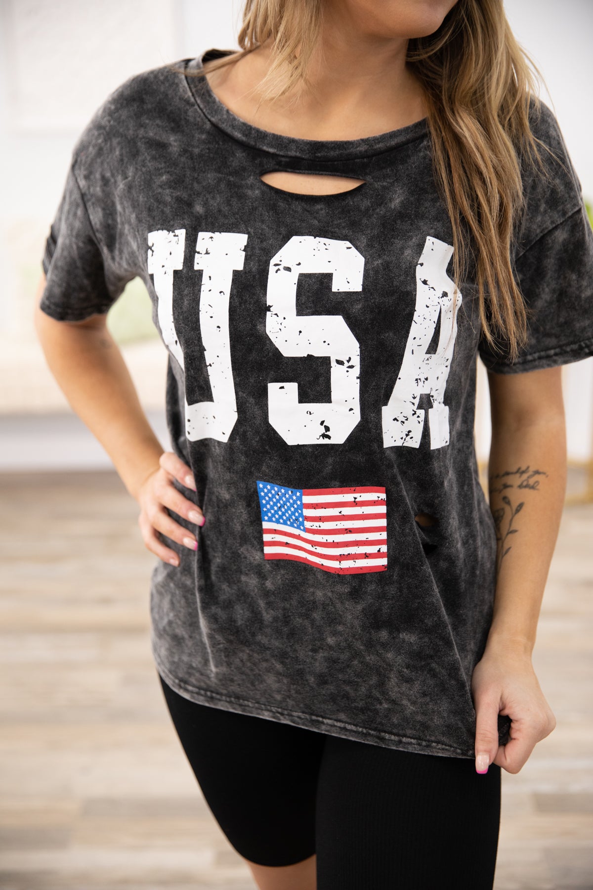 Black Washed USA Graphic Tee with Cutout - Filly Flair