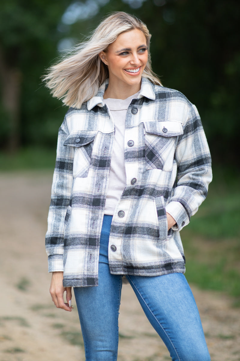 Black and Ivory Plaid Sherpa Lined Shacket - Filly Flair