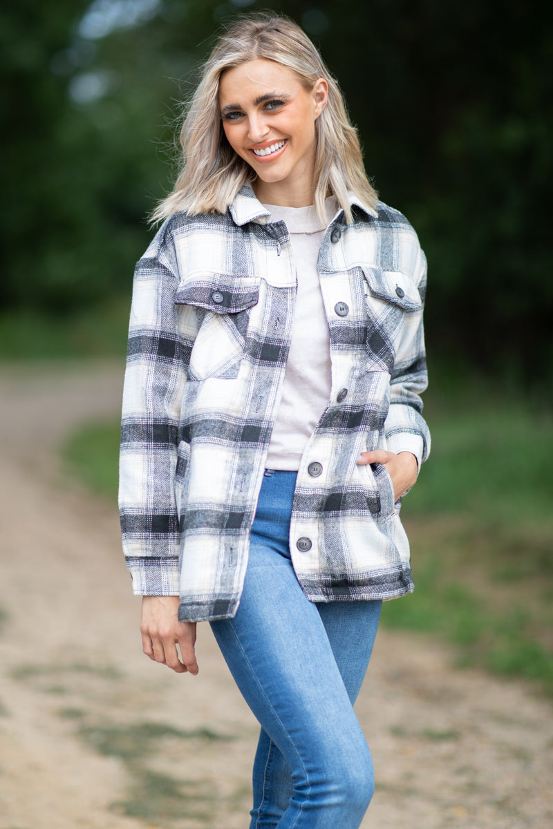 Black and Ivory Plaid Sherpa Lined Shacket - Filly Flair