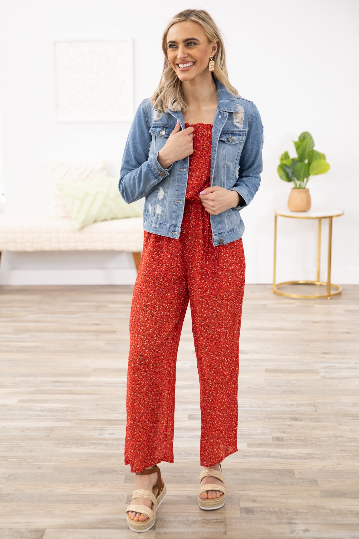 Red Ditsy Floral Off The Shoulder Jumpsuit - Filly Flair