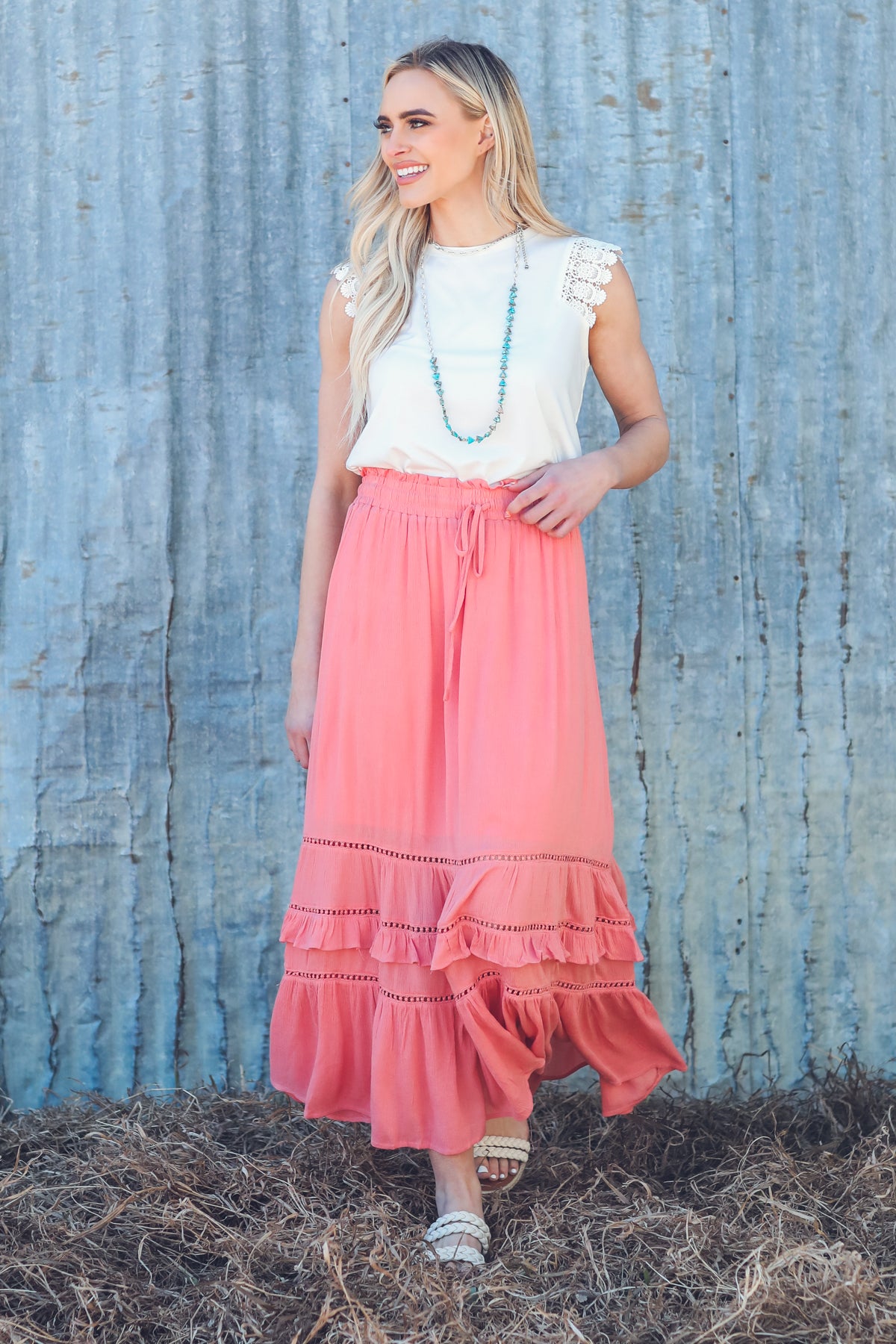 Coral Lace Inset Maxi Skirt - Filly Flair