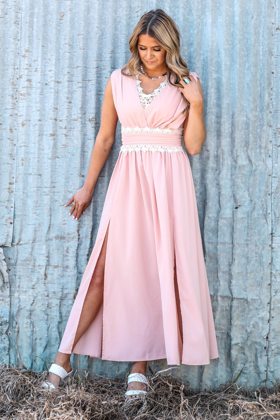Peach and White Lace Trim Maxi Dress - Filly Flair