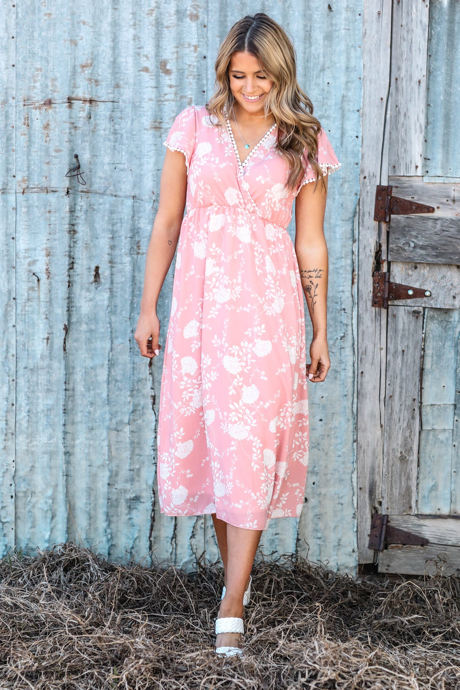Coral Floral Print Surplice top Midi Dress - Filly Flair