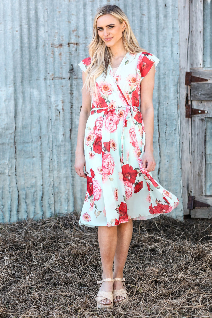 Mint and Pink Floral Print Tie Waist Dress - Filly Flair