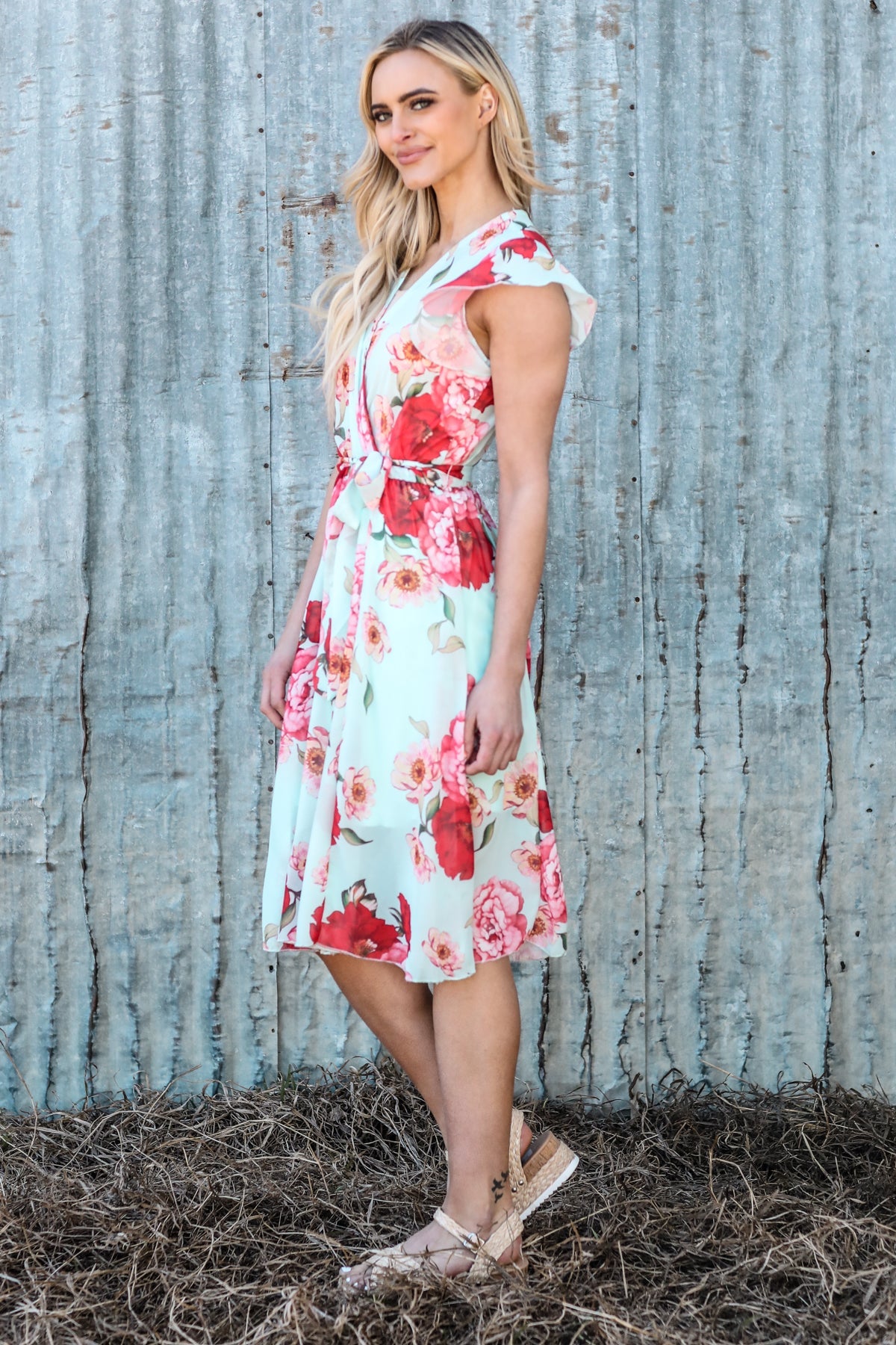Mint and Pink Floral Print Tie Waist Dress - Filly Flair