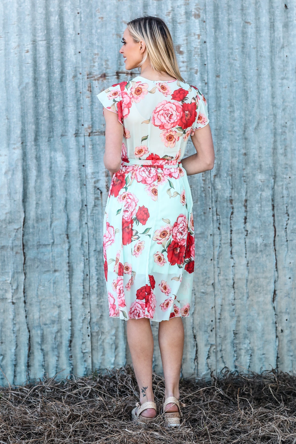 Mint and Pink Floral Print Tie Waist Dress - Filly Flair