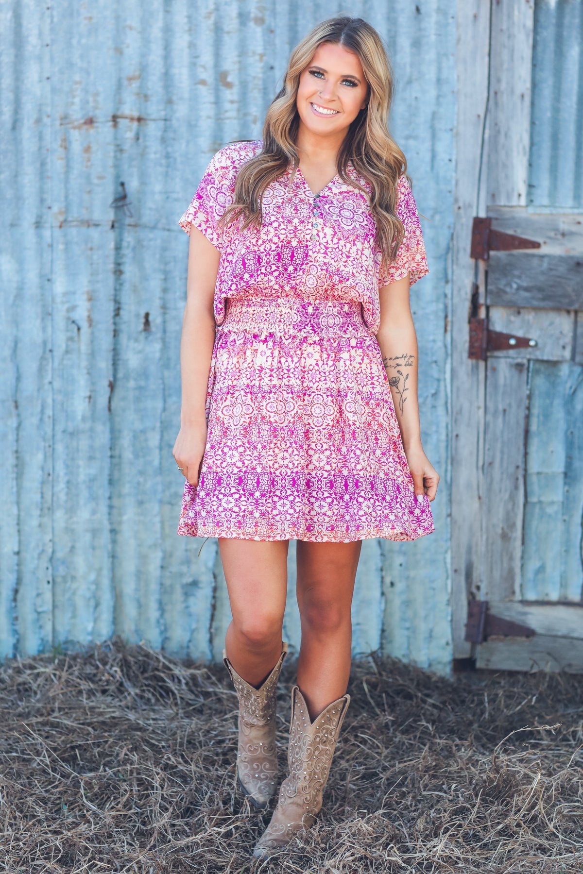 Fuchsia Smocked Waist Geometric Floral Dress - Filly Flair