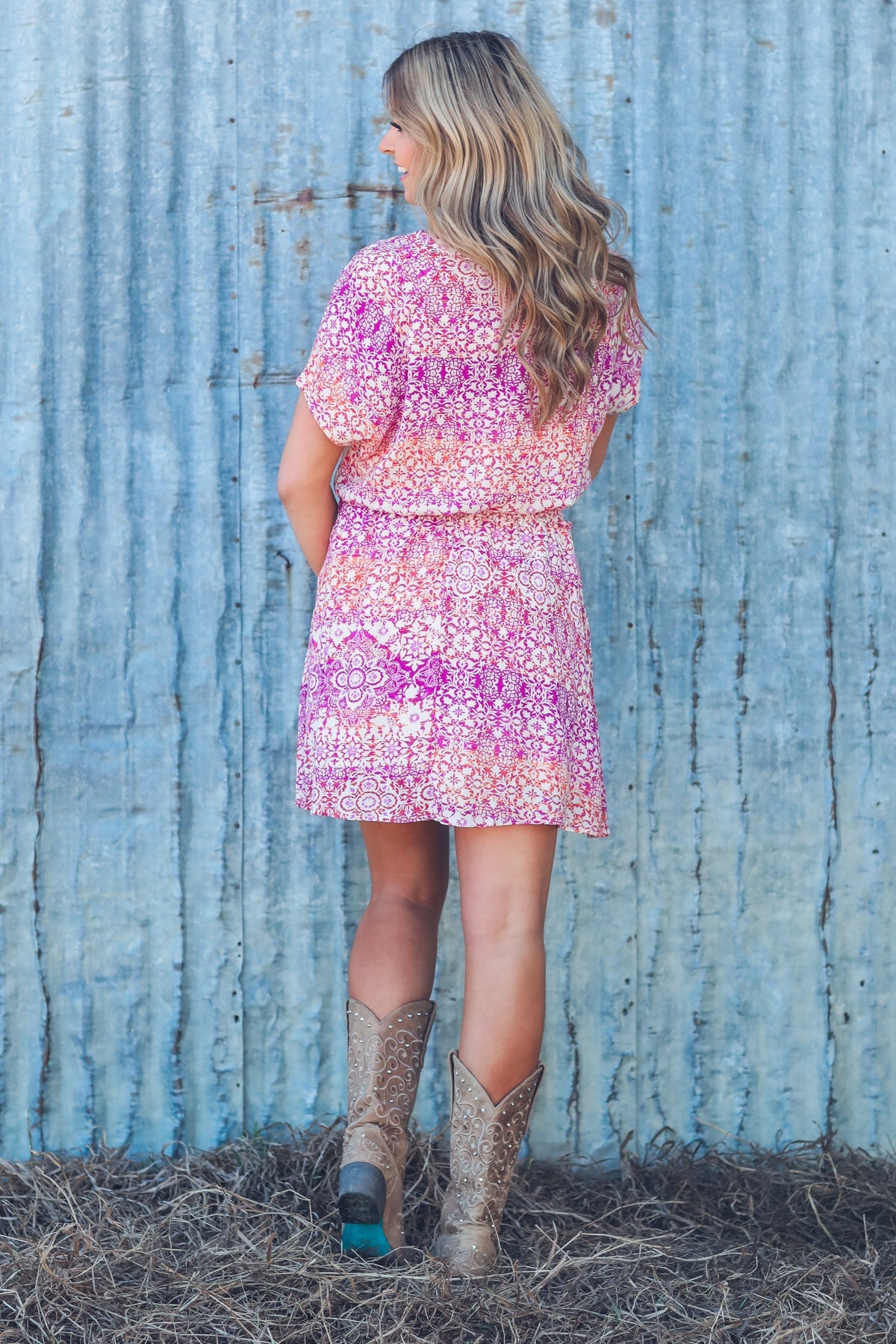 Fuchsia Smocked Waist Geometric Floral Dress - Filly Flair