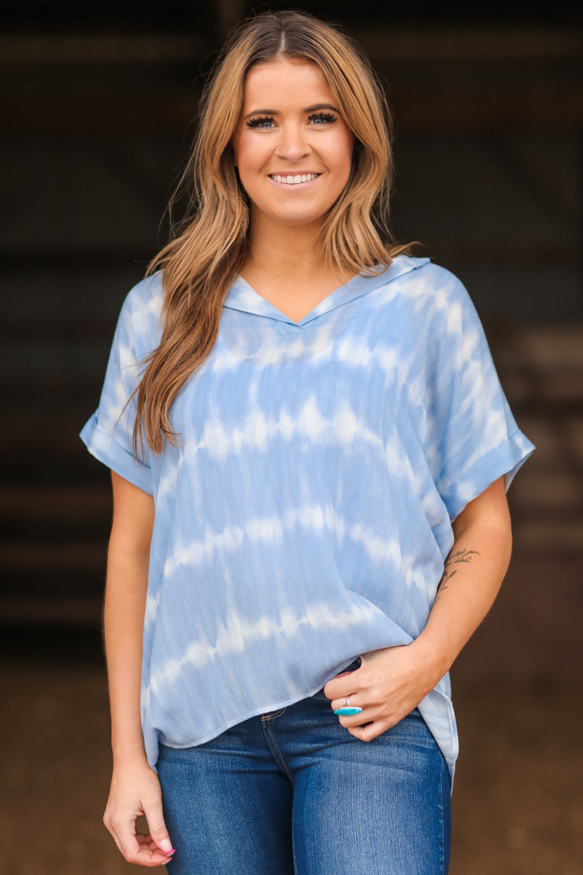 Pastel Blue Tie Dye Cuffed Sleeve Top - Filly Flair