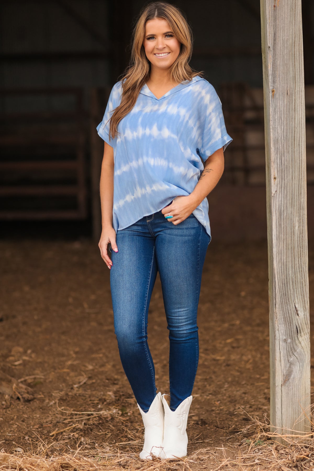 Pastel Blue Tie Dye Cuffed Sleeve Top - Filly Flair