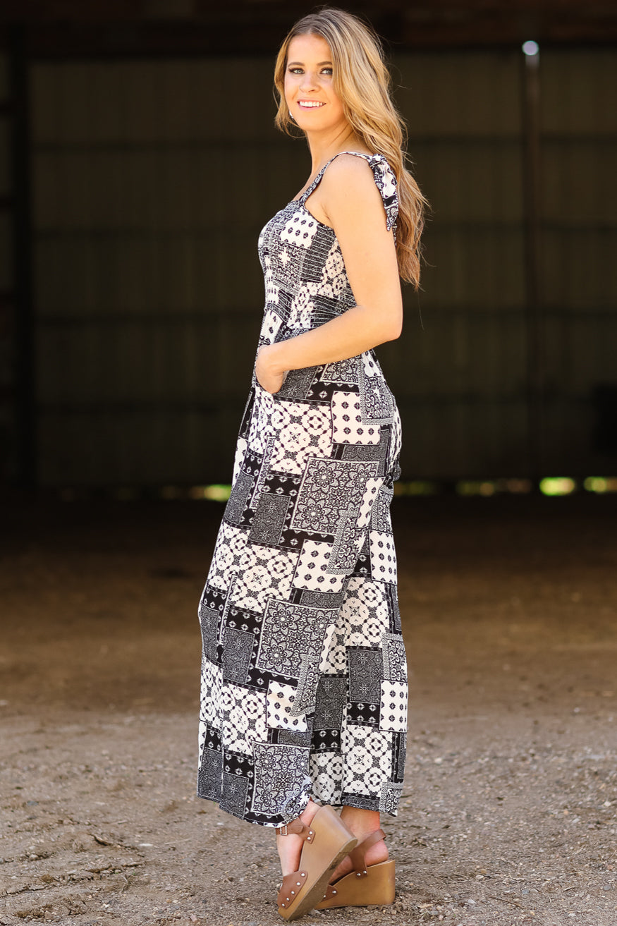 Black and Ivory Patchwork Print Jumpsuit - Filly Flair