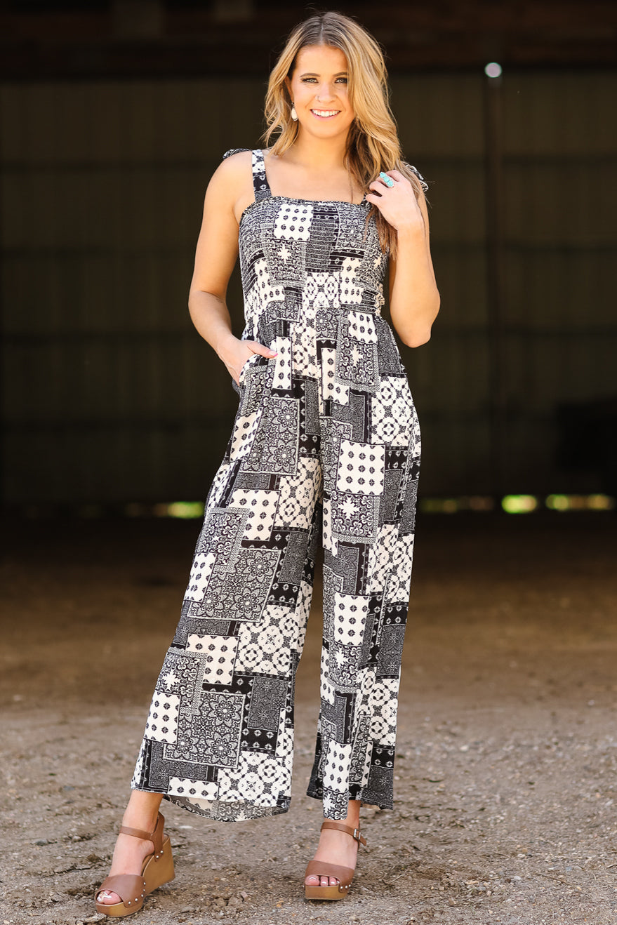 Black and Ivory Patchwork Print Jumpsuit - Filly Flair