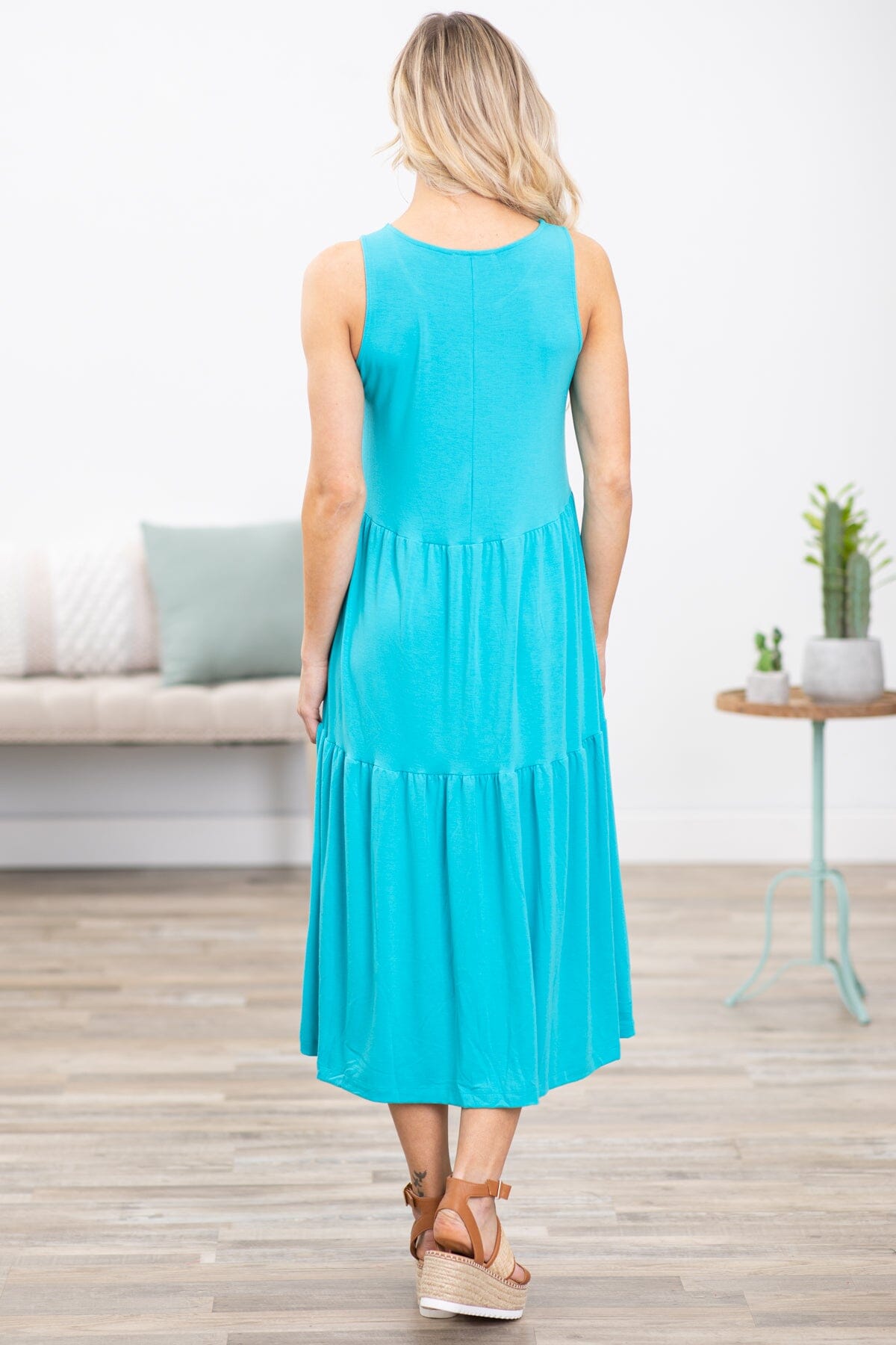 Aqua Tiered Skirt Sleeveless Midi Dress - Filly Flair