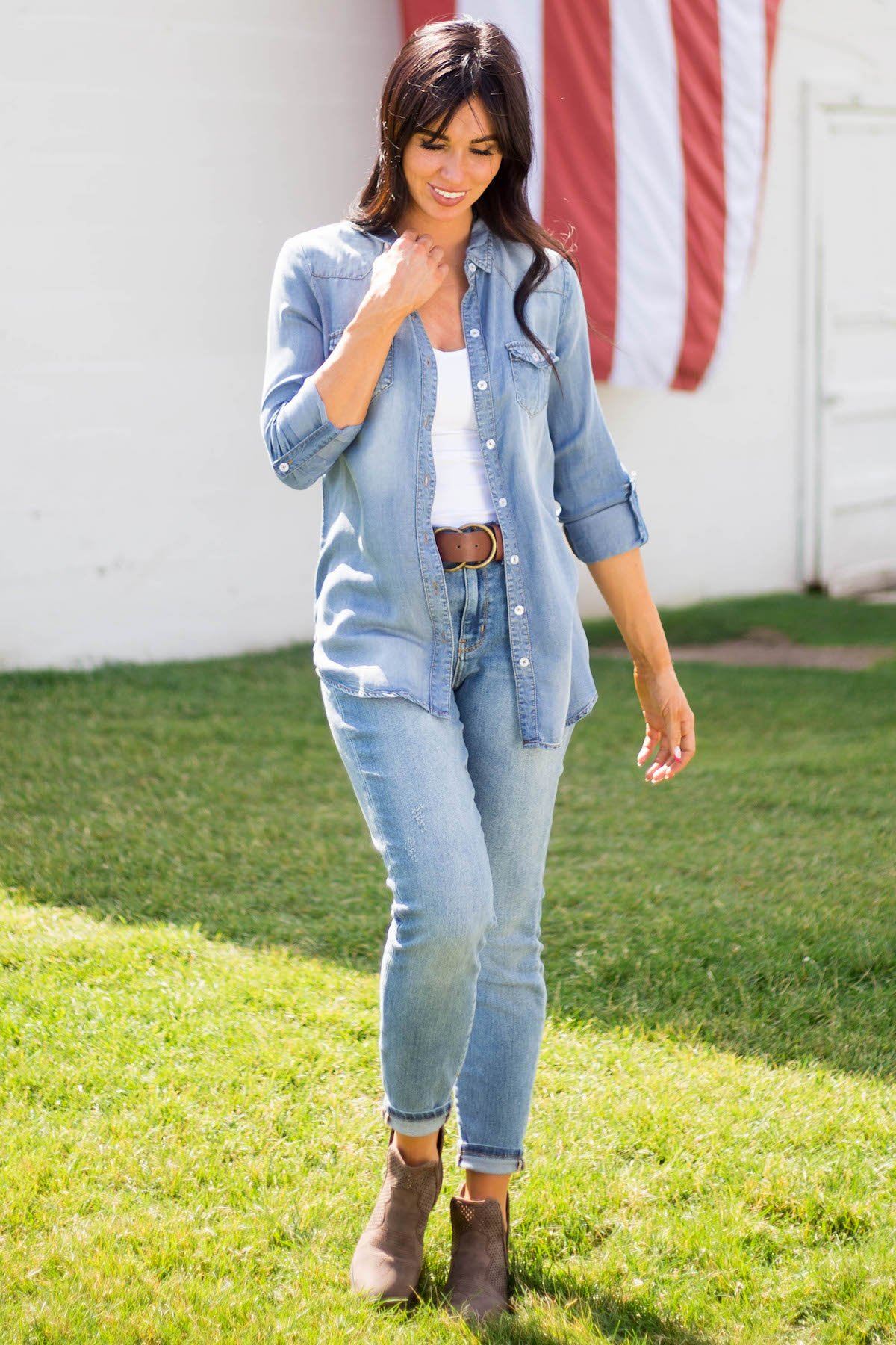 Lightweight Denim Button Up Top - Filly Flair
