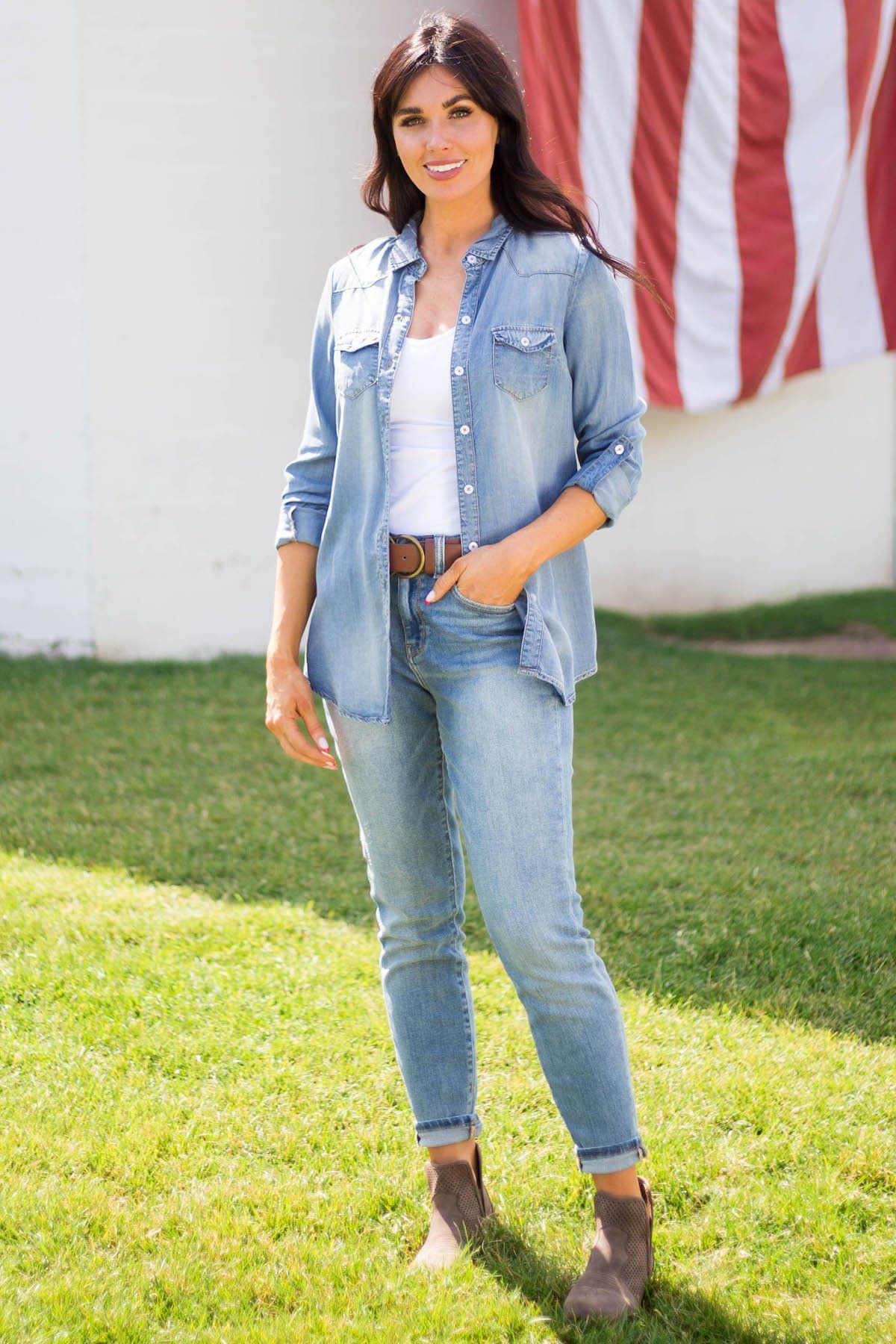 Lightweight Denim Button Up Top - Filly Flair
