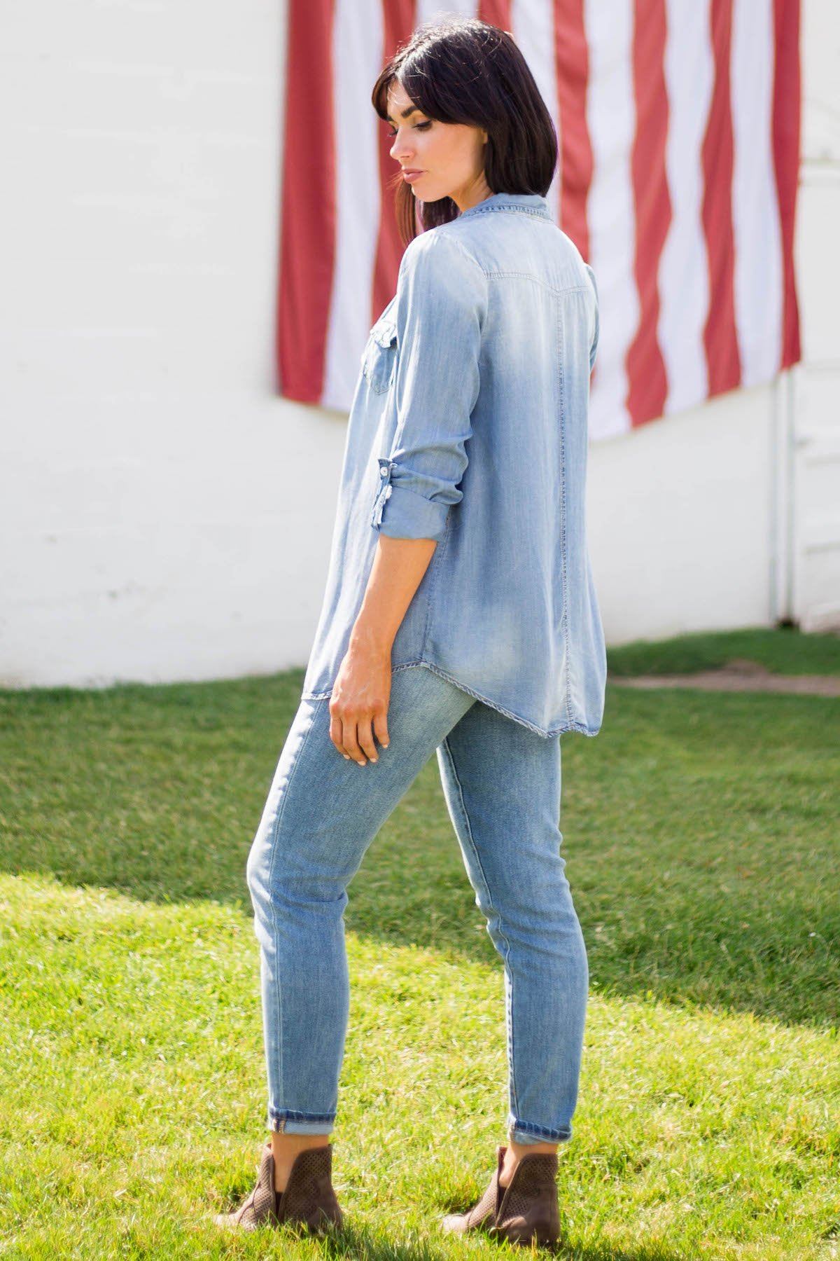 Lightweight Denim Button Up Top - Filly Flair