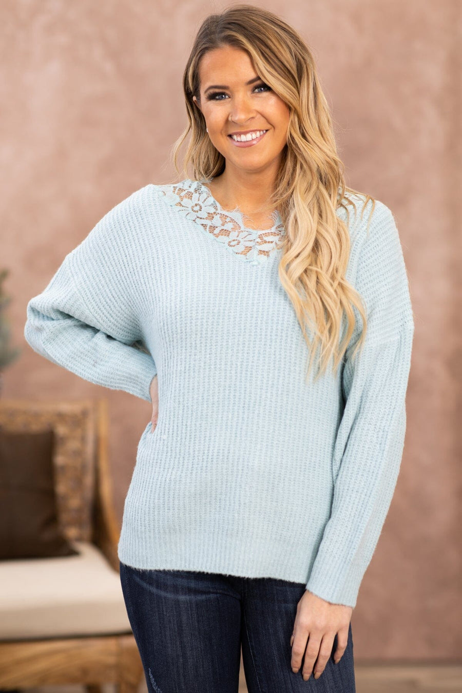 Baby Blue Lace Trim Rib Knit Sweater - Filly Flair